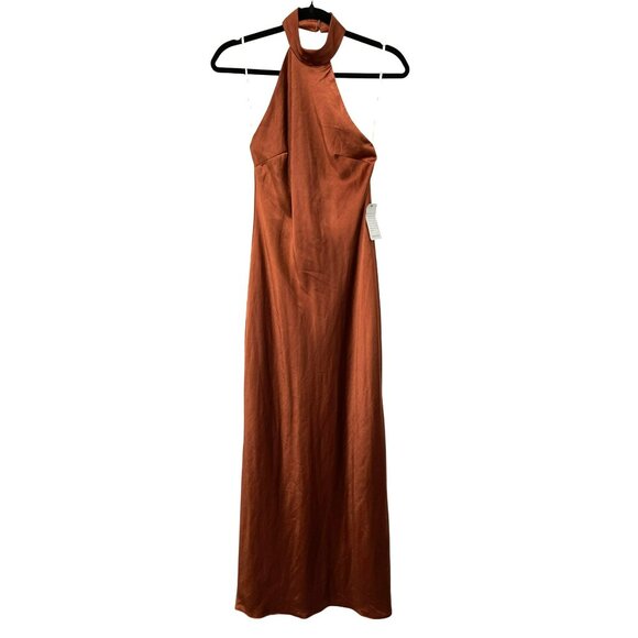 Lulus Love in Your Life Rust Brown Satin Halter Maxi Dress NWT Small - Picture 2 of 6